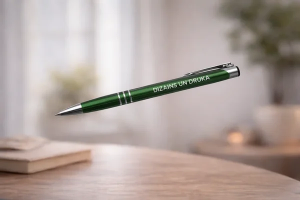 Green engraved metal pen with white text on a blurred interior background