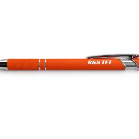 Orange engraved metal pen with R&S TET logo and touch stylus tip, MC TOUCH