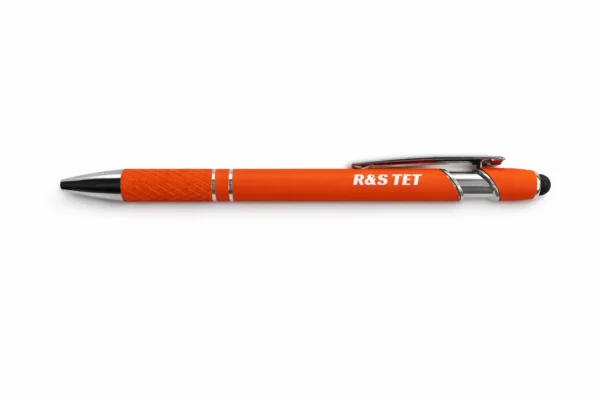 Orange engraved metal pen with R&S TET logo and touch stylus tip, MC TOUCH