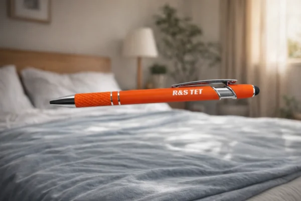 Orange engraved metal pen with stylus tip, MC TOUCH