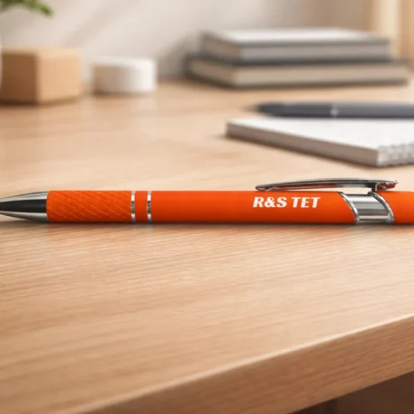 Orange engraved metal pen with stylus tip for smart devices