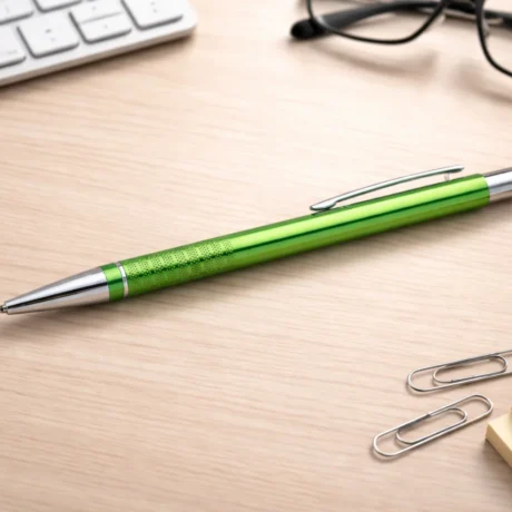 Green engraved metal pen on a desk