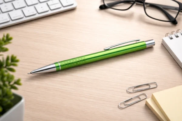 Green engraved metal pen on a desk