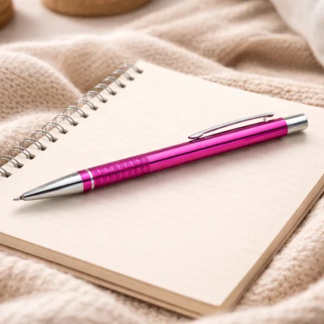 Pink engraved metal pen on a spiral notebook