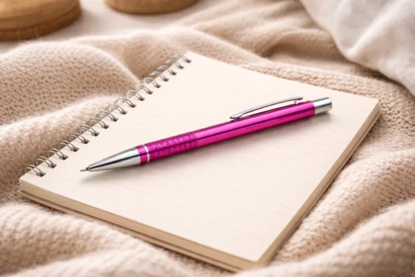 Pink engraved metal pen on a spiral notebook
