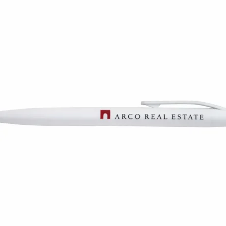 White custom plastic pen with ARCO REAL ESTATE BASIC print
