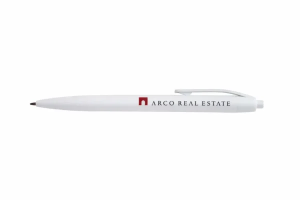 White custom plastic pen with ARCO REAL ESTATE BASIC print
