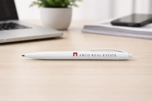 White custom plastic pen with printed logo on a desk