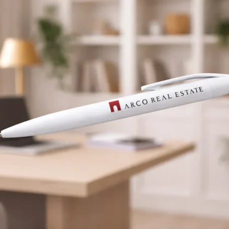 White custom plastic pen with printed logo in a BASIC style office