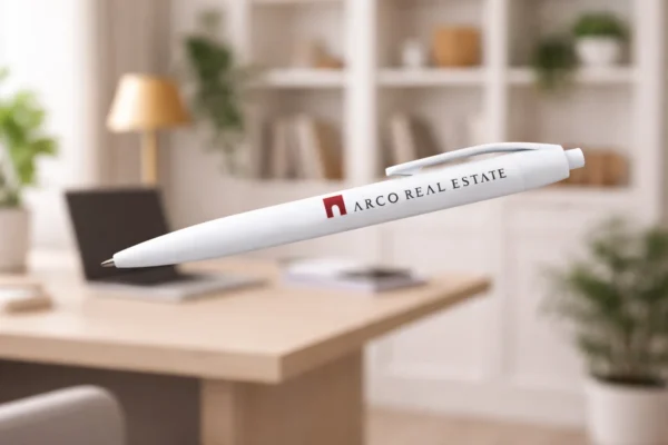 White custom plastic pen with printed logo in a BASIC style office
