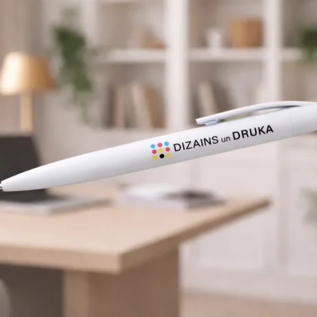 White custom plastic pen with print, BASIC, in an office