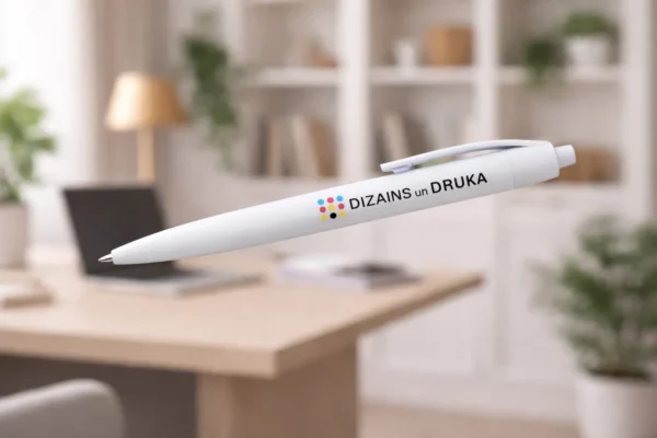 White custom plastic pen with print, BASIC, in an office