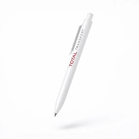 White custom plastic pen with TOTAL TRANSPORT print