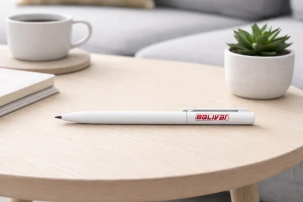 Balta plastmasas pildspalva ar apdruku BOLIVAR uz gaiša galda