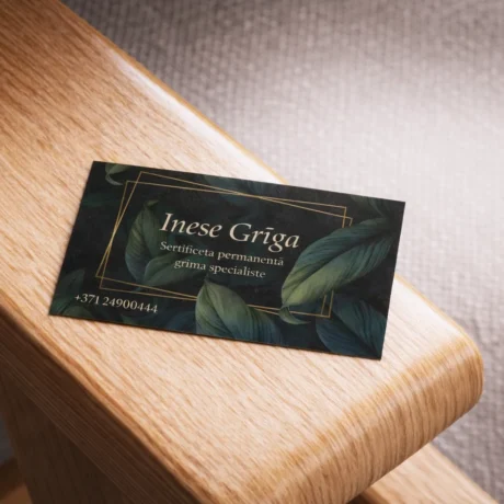 Vizītkarte uz koka virsmas ar tumšu lapu dizainu un zelta tekstu