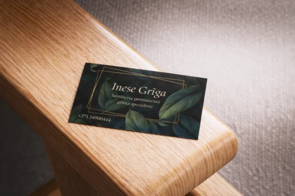 Vizītkarte uz koka virsmas ar tumšu lapu dizainu un zelta tekstu