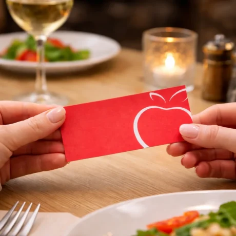 Rokās tur sarkanu vizītkarti ar ābola simbolu, vizītkaršu izgatavošana un druka