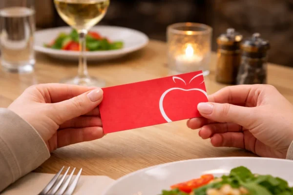 Rokās tur sarkanu vizītkarti ar ābola simbolu, vizītkaršu izgatavošana un druka