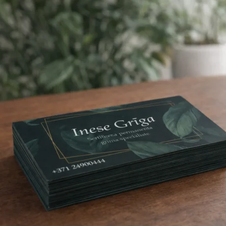 Tumšu vizītkaršu kaudzīte uz galda, vizītkaršu izgatavošana un druka