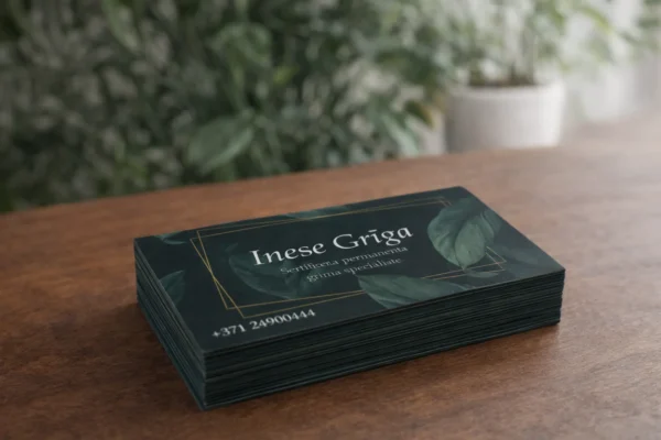 Tumšu vizītkaršu kaudzīte uz galda, vizītkaršu izgatavošana un druka
