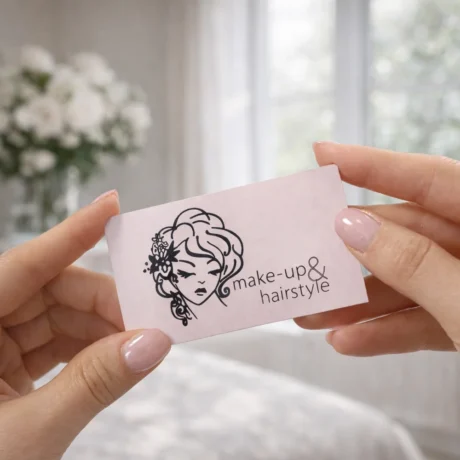 Rokās turēta gaiša vizītkarte ar make-up un hairstyle logo, vizītkaršu druka
