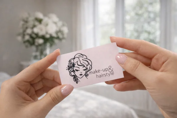 Rokās turēta gaiša vizītkarte ar make-up un hairstyle logo, vizītkaršu druka