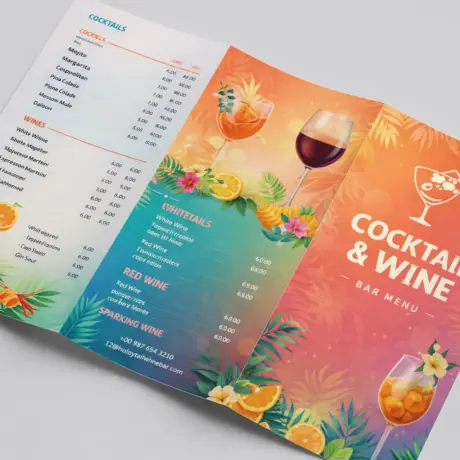 Koša A4 salocīta ēdienkarte ar tropu dizainu kokteiļu un vīna kartei