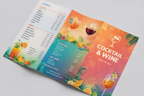 Koša A4 salocīta ēdienkarte ar tropu dizainu kokteiļu un vīna kartei