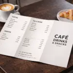 Salocīta A4 ēdienkarte ar dzērienu un uzkodu sarakstu uz koka galda