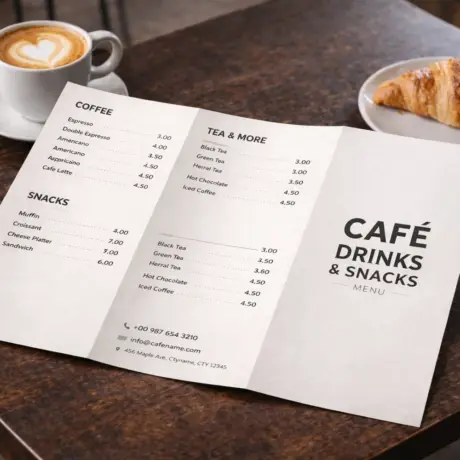 Salocīta A4 ēdienkarte ar dzērienu un uzkodu sarakstu uz koka galda