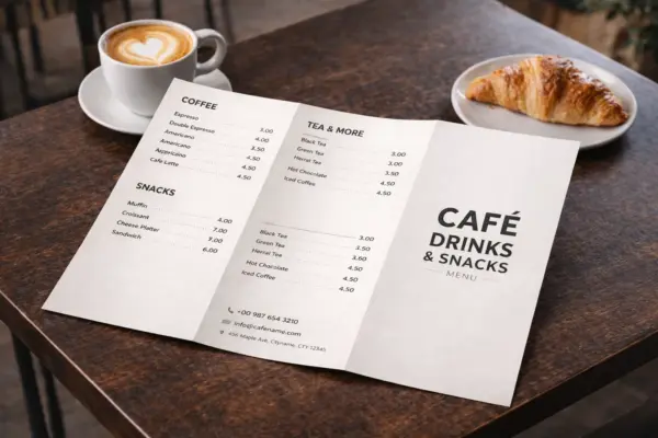 Salocīta A4 ēdienkarte ar dzērienu un uzkodu sarakstu uz koka galda