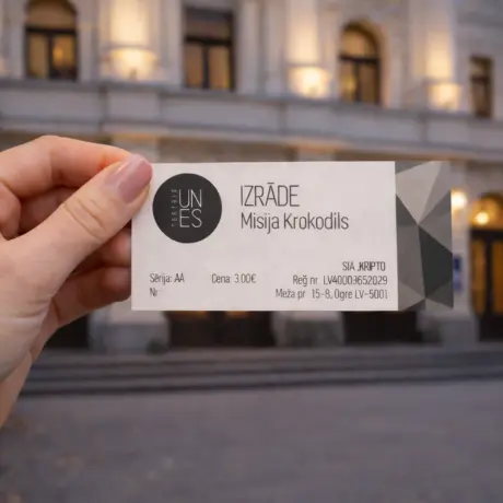 Roka tur nodrukātu teātra biļeti ar perforāciju un numerāciju uz ēkas fona