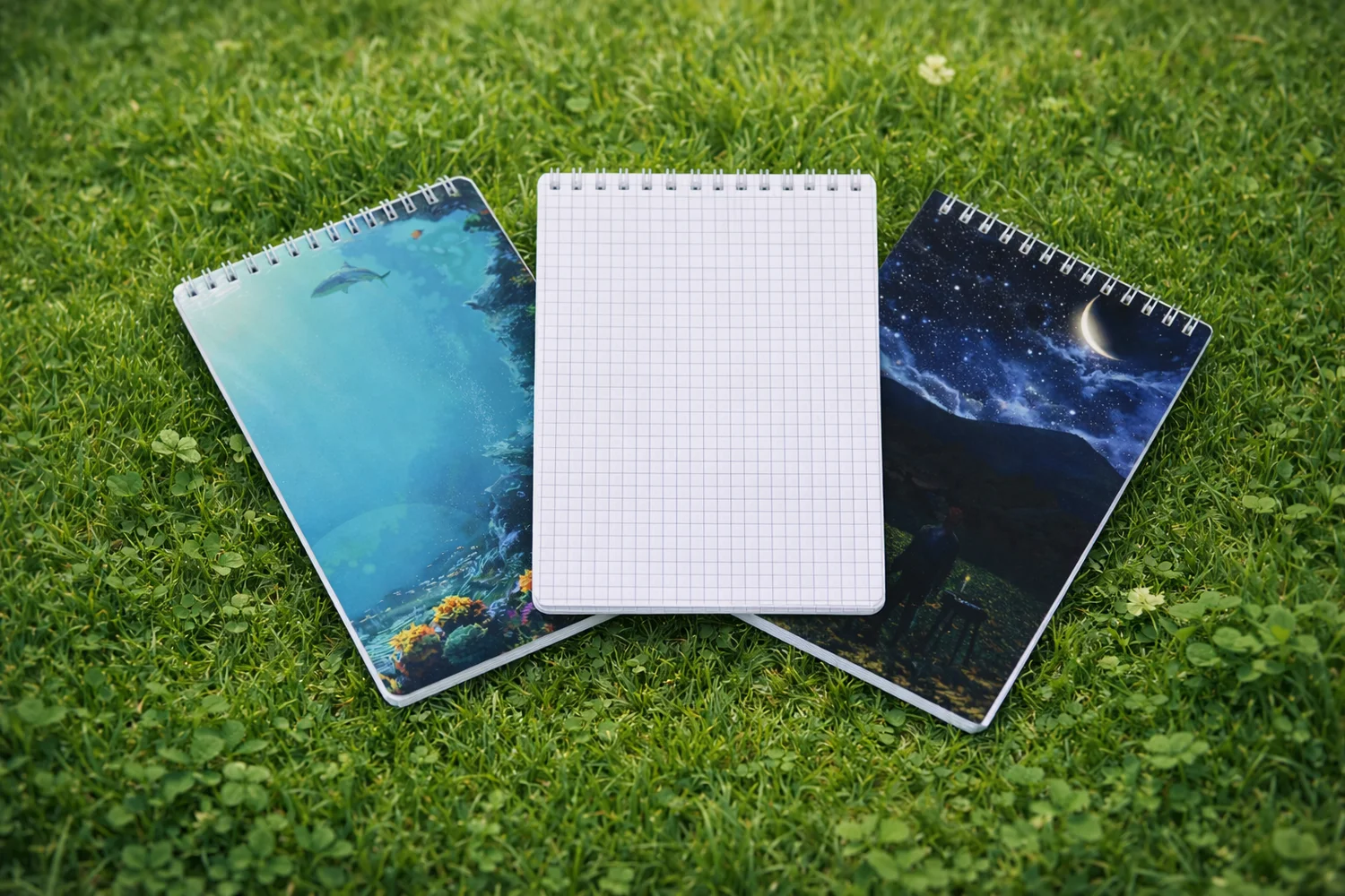 Three custom spiral notepads with personalized designs and grid pages on grass