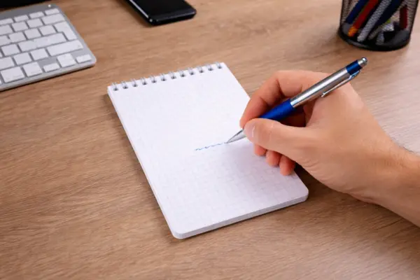 Roka raksta ar zilu pildspalvu rūtiņu bloknotā ar spirāli uz koka galda