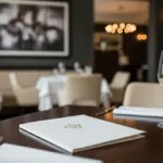 White custom document folder with gold print on a restaurant table