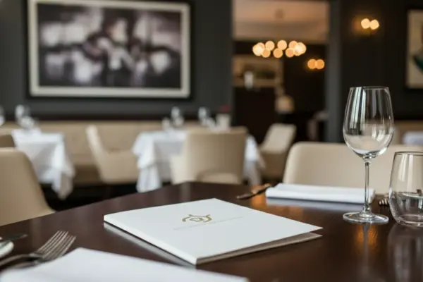 White custom document folder with gold print on a restaurant table