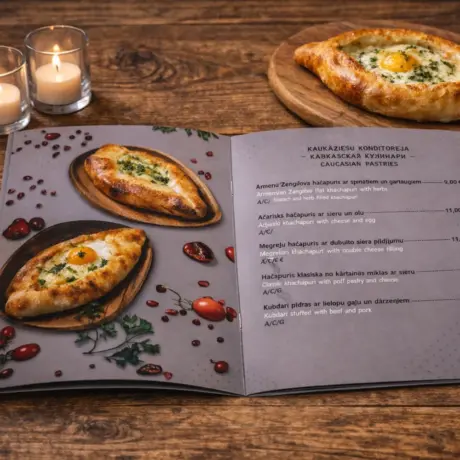 Atvērta A4 daudzlapu ēdienkarte ar hačapuri foto un cenrādi uz koka galda sveču gaismā