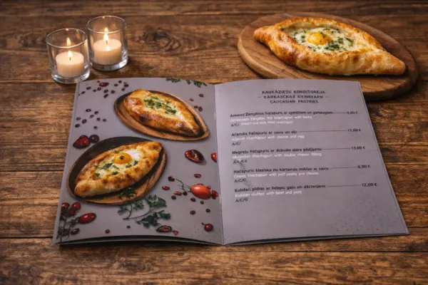 Atvērta A4 daudzlapu ēdienkarte ar hačapuri foto un cenrādi uz koka galda sveču gaismā