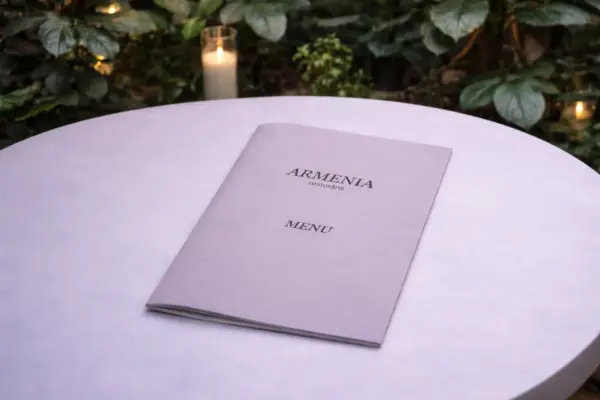 Eleganta daudzlapu ēdienkarte restorānam Armenia uz balta galda ar sveci fonā