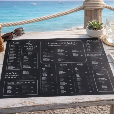 Melna A3 vienlapa ēdienkarte ar baltu druku uz restorāna galda pie jūras