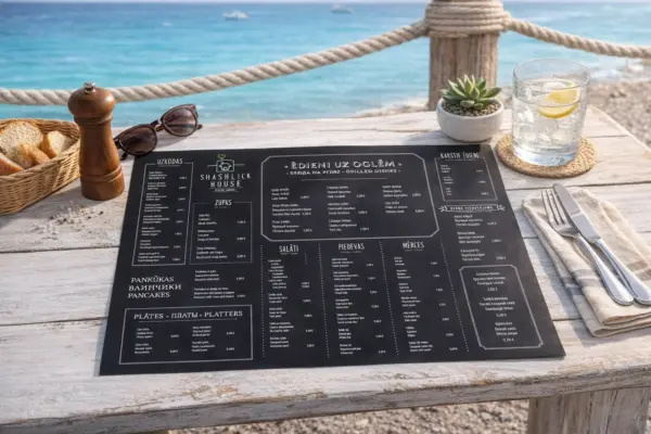 Melna A3 vienlapa ēdienkarte ar baltu druku uz restorāna galda pie jūras