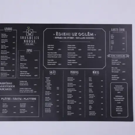 Melna A3 vienlapa ēdienkaršu druka restorānam Shashlick House
