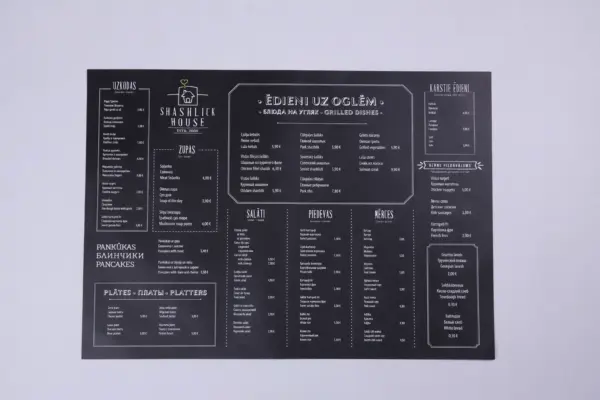 Melna A3 vienlapa ēdienkaršu druka restorānam Shashlick House