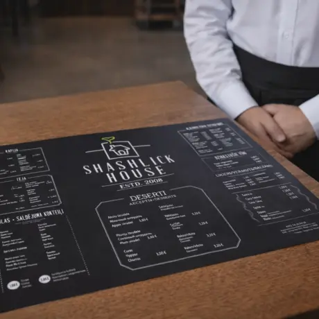Melna A3 formāta vienlapas ēdienkarte uz koka galda restorānā ar viesmīli fonā