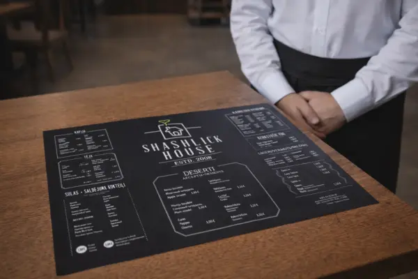 Melna A3 formāta vienlapas ēdienkarte uz koka galda restorānā ar viesmīli fonā