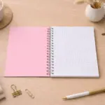 Atvērts spirāles bloknots ar rūtiņu lapām un rozā vāku uz koka galda