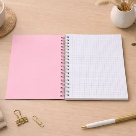 Atvērts spirāles bloknots ar rūtiņu lapām un rozā vāku uz koka galda