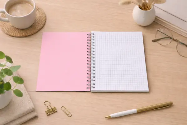 Atvērts spirāles bloknots ar rūtiņu lapām un rozā vāku uz koka galda
