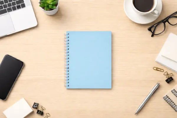 Gaiši zils spirāļu bloknots uz koka galda ar biroja piederumiem