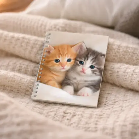 Spirāles bloknots ar kaķēniem uz vāka kā piemērs kvalitatīvai bloknotu drukai